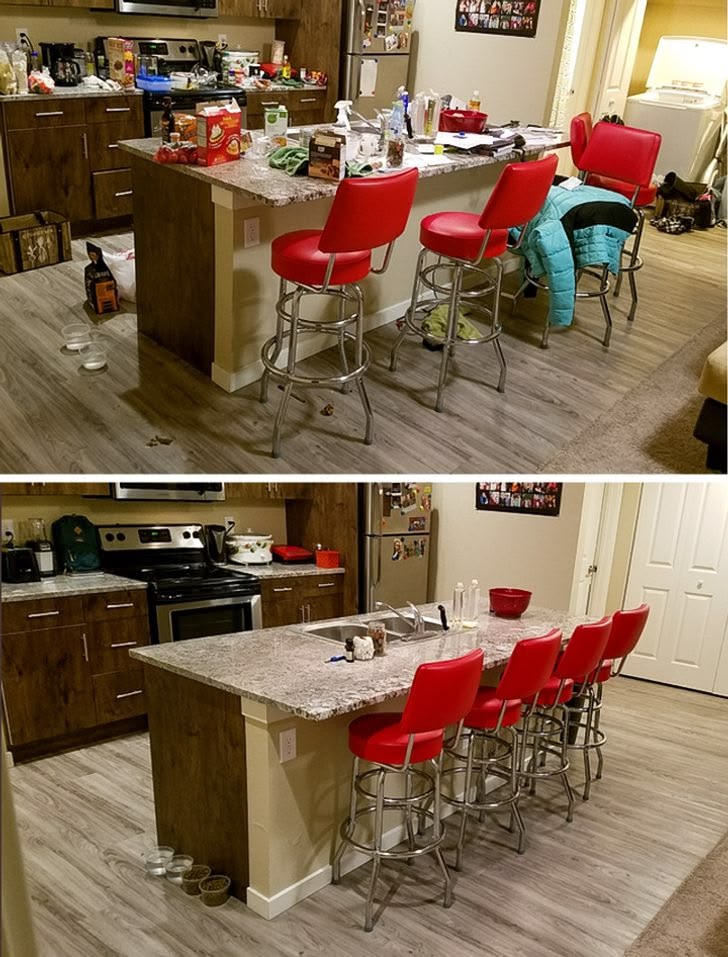 Before-and-after photos of a kitchen with red bar stools, showing cluttered counters and floors followed by a tidied space with clear surfaces.