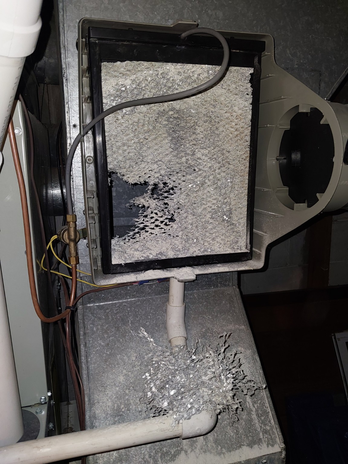 Whole-home humidifier pad. A deteriorated humidifier pad documented during an equipment inspection.